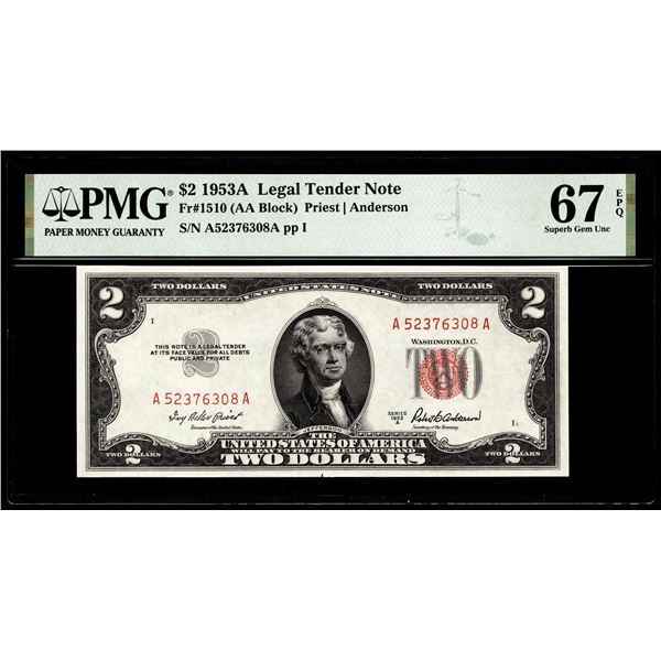 1953A $2 Legal Tender Note Fr.1510 PMG Superb Gem Uncirculated 67EPQ