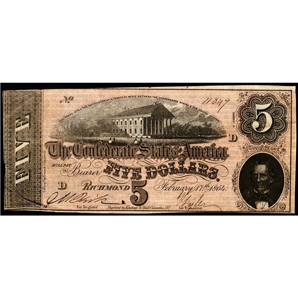 1864 $5 Confederate States of America Note