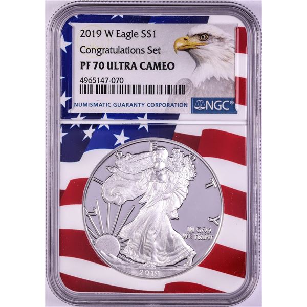 2019-W $1 Proof American Silver Eagle Coin NGC PF70 Ultra Cameo Congratulations Flag