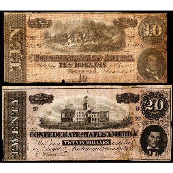 Lot of 1864 $10 & $20 Confederate States of America Notes