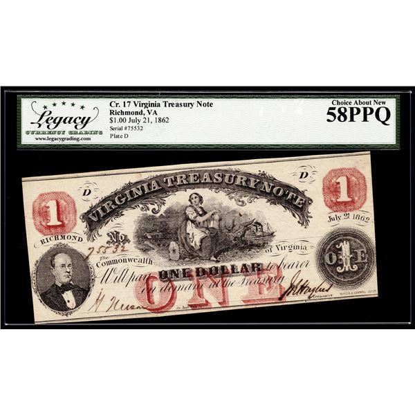 1862 $1 Virginia Treasury Note Richmond VA Obsolete Note Legacy Choice About New 58PPQ