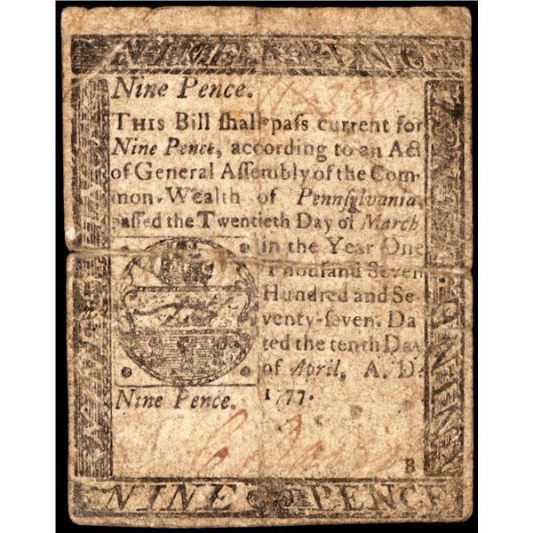 April 10, 1777 Pennsylvania Nine Pence Colonial Currency Note
