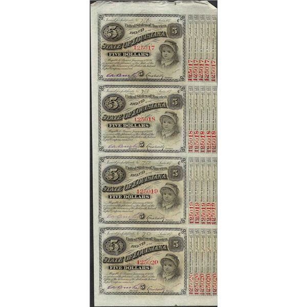 Uncut Sheet of (4) State of Louisiana Baby Bond Obsolete Notes