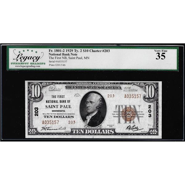 1929 $10 The First NB Saint Paul, MN CH# 203 National Currency Note Legacy VF35
