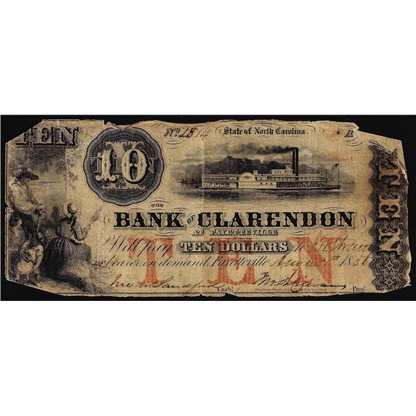 1856 $10 Bank of Clarendon Fayetteville, North Carolina Obsolete Bank Note