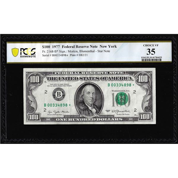 1977 $100 Federal Reserve Star Note New York Fr.2168-B* PCGS Choice VF35