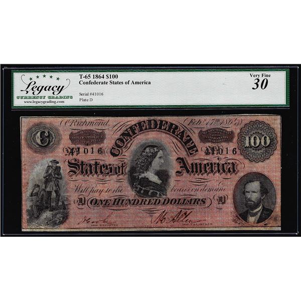1864 $100 Confederate States of America Note T-65 Legacy Very Fine 30