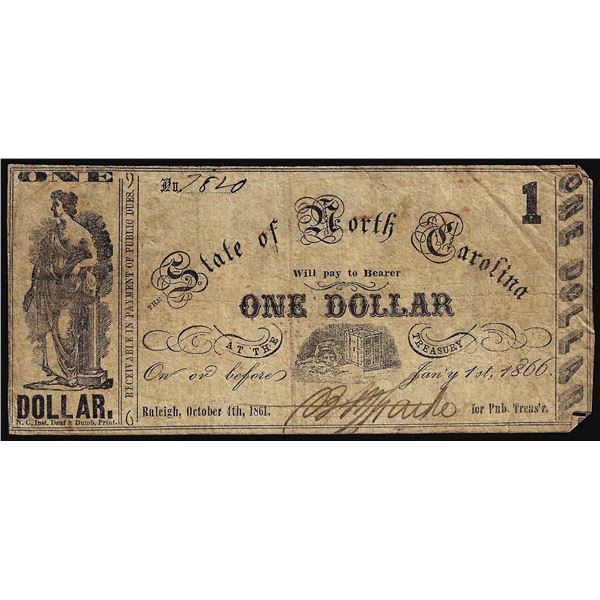 1866 $1 The State of North Carolina, Raleigh Obsolete Bank Note