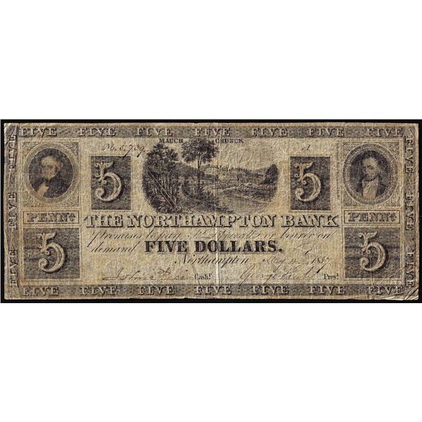 1837 $5 The Northampton Bank Northampton, PA Obsolete Note