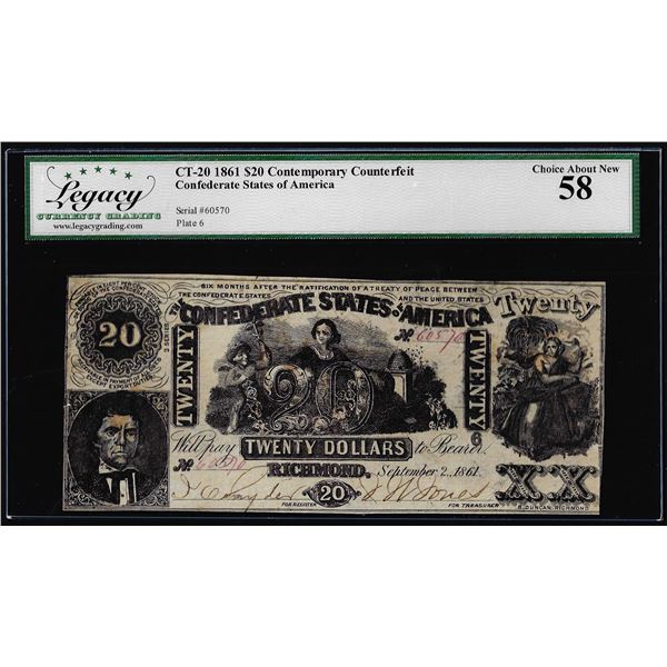 1861 $20 Contemporary Counterfeit Confederate States Note CT-20 Legacy Choice AU58