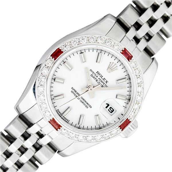 Rolex Ladies Stainless Steel White Index Ruby and Diamond Datejust Wristwatch