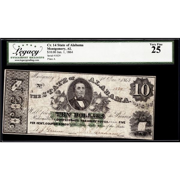 1864 $10 State of Alabama Montgomery, AL Obsolete Note Cr.14 Legacy Very Fine 25