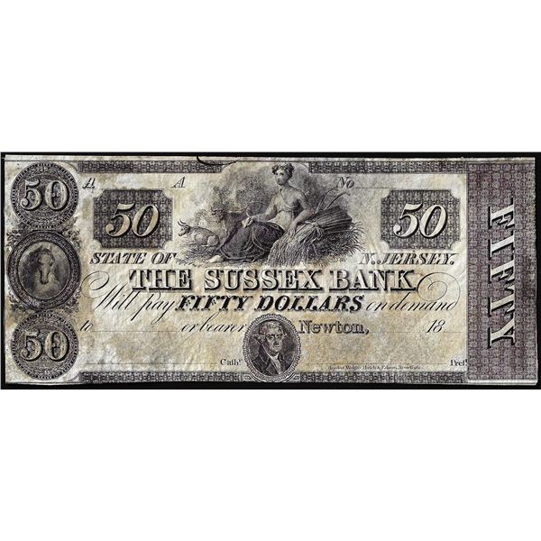 1800's $50 The Sussex Bank Newton, NJ Obsolete Note