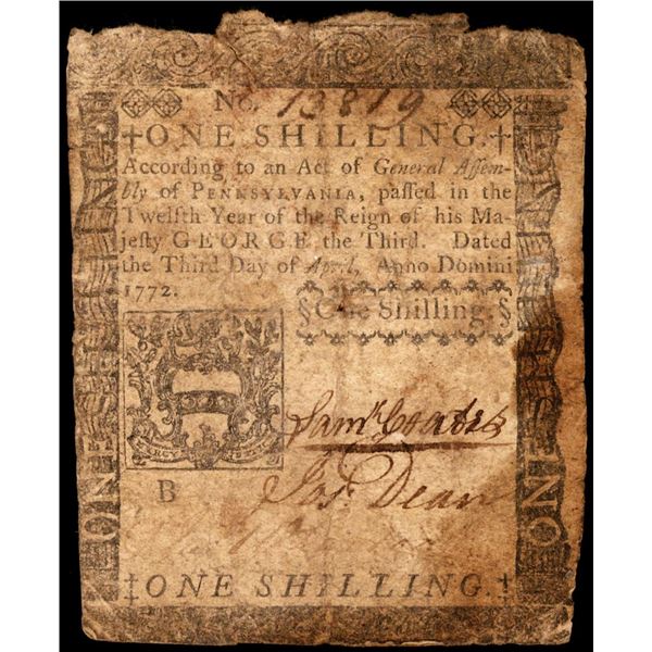 April. 3 1772 Pennsylvania 1 Shilling Colonial Currency Note