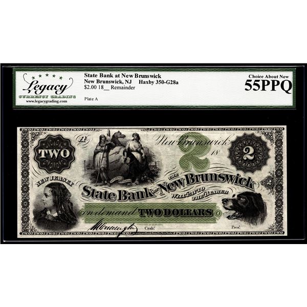 1800's $2 State Bank at New Brunswick, NJ Obsolete Note Legacy Choice About New 55PPQ