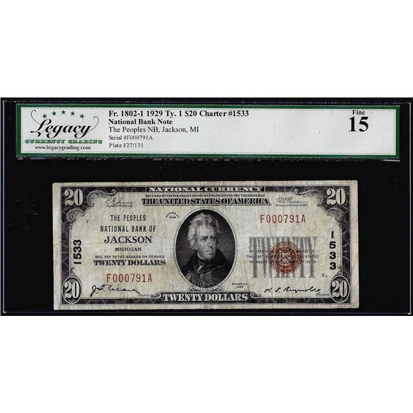 1929 $20 The Peoples NB Jackson, MI CH# 1533 National Currency Note Legacy Fine 15
