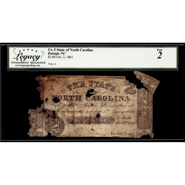 1861 $2 State of North Carolina Raleigh, NC Obsolete Note Legacy Fair 2