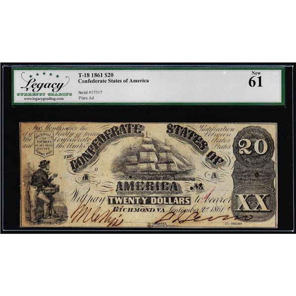 1861 $20 Confederate States of America Note T-18 Legacy New 61