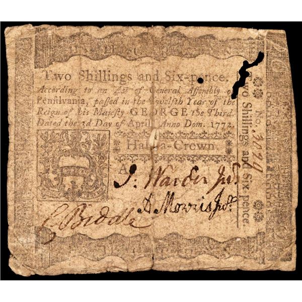 April 3, 1772 Pennsylvania Two Shillings Six Pence Colonial Currency Note