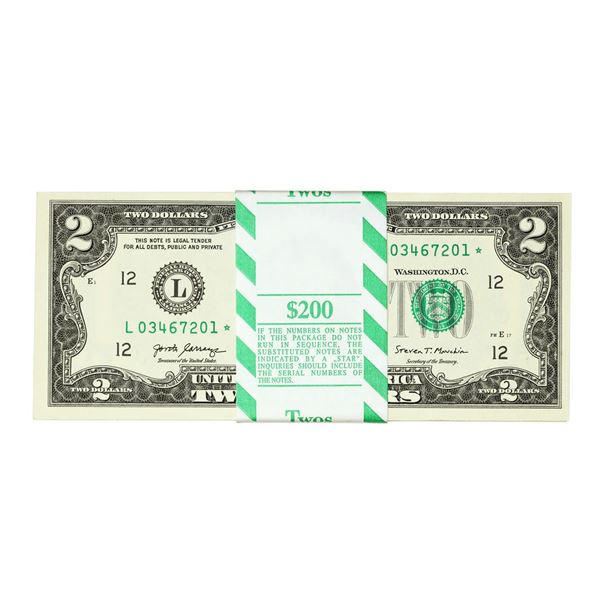 Pack of (100) Consecutive 2017A $2 Federal Reserve Star Notes San Francisco