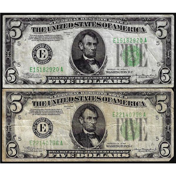 Lot of 1934 & 1934A $5 Federal Reserve Notes