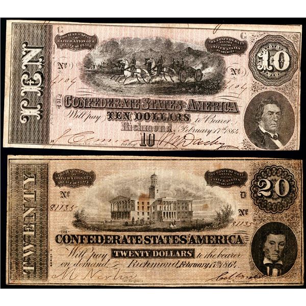 Lot of 1864 $10 & $20 Confederate States of America Notes