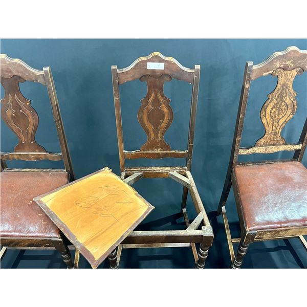 Three Vintage Wooden Chairs with Leather Seats