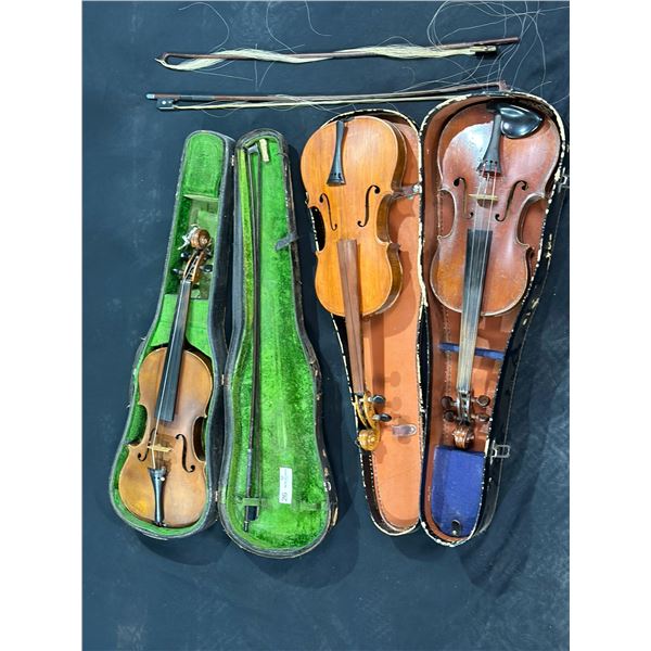 Three Assorted Vintage Violins and Bows (Broken Strings)