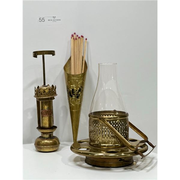 Two Antique Oil Lamps (one has glass insert) with Matches and Match Holder