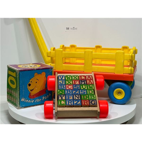 Vintage Mattel Wagon, Winnie the Poo Stacking Bloxes, and Tootsie Toy Block Wagon