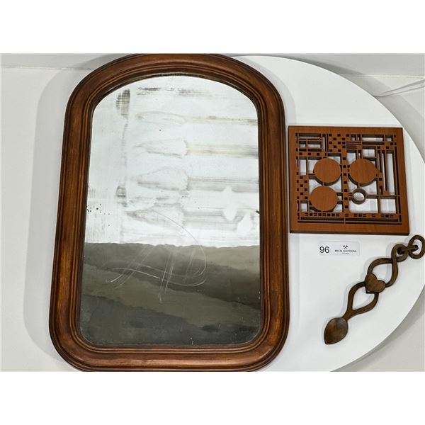 Antique Wood Rim Mirror with Assorted Wooden Accessories