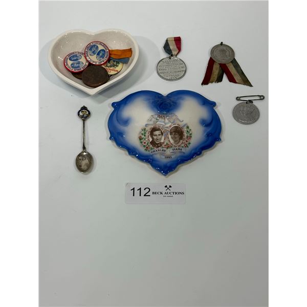 Heart Shaped Royal Jewelry Box, Silver Spoon, and Assortment of Pins