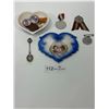 Image 1 : Heart Shaped Royal Jewelry Box, Silver Spoon, and Assortment of Pins