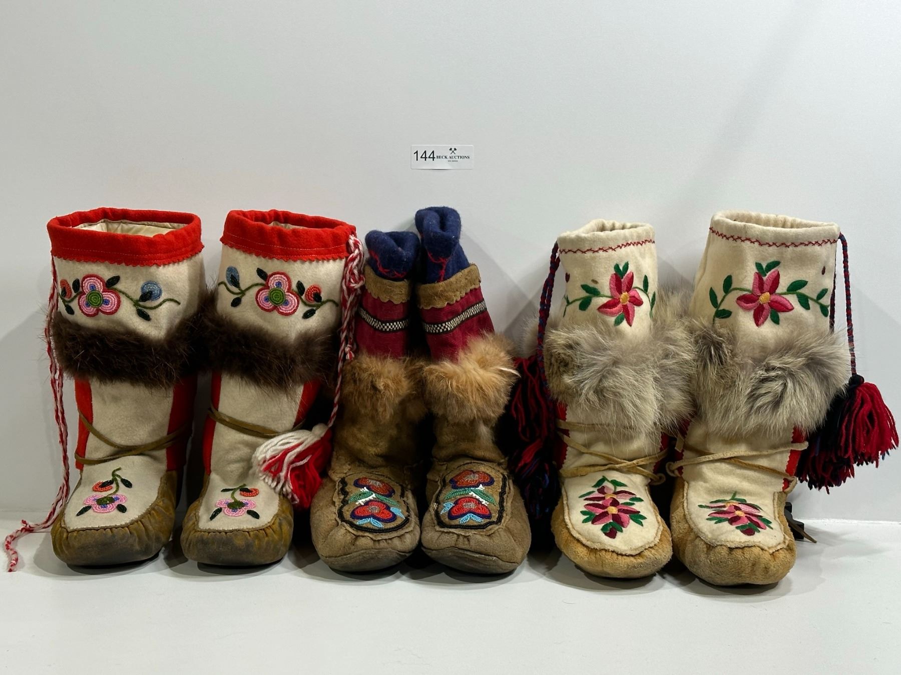 Three Adult Sized Indigenous Mukluks with Beading and Fur Beck