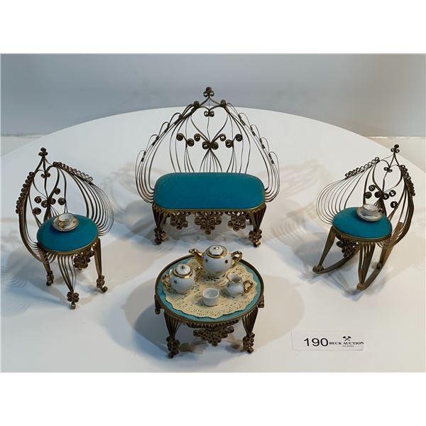 Vintage Homemade Doll Seating Area with Miniature Tea-Set