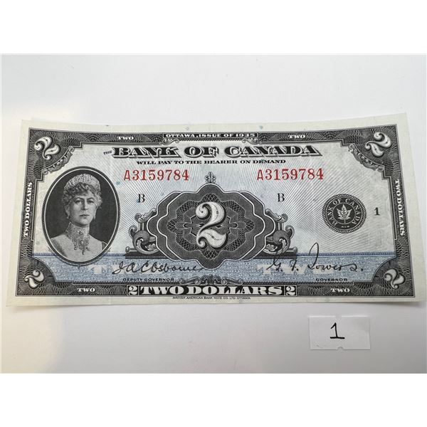 *RARE* 1935 Bank of Canada $2 Banknote - Osborne/Towers