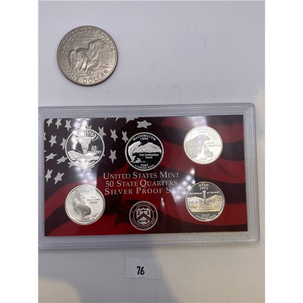 United State Mint Silver Quarters 2007 Proof Set & 1972 US Nickle Dollar