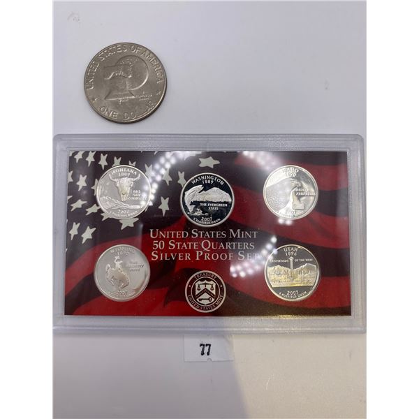 United State Mint Silver Quarters 2007 Proof Set & 1976 US Nickle Dollar