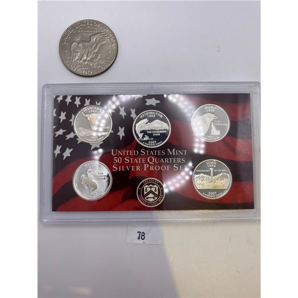 United State Mint Silver Quarters 2007 Proof Set & 1974 US Nickle Dollar
