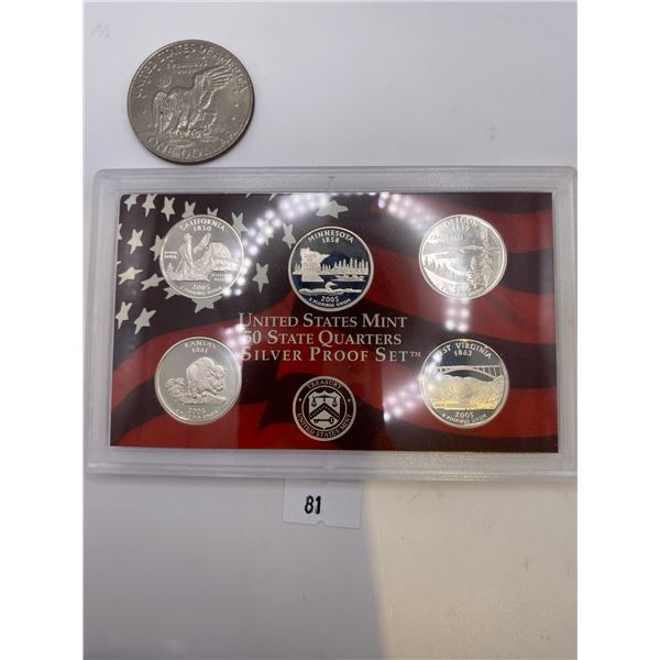 United State Mint Silver Quarters 2005 Proof Set & 1972 US Nickle Dollar