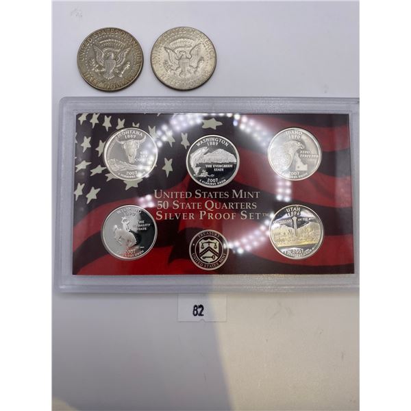United State Mint Silver Quarters 2007 Proof Set & Two 1969 Nickle Half Dollars