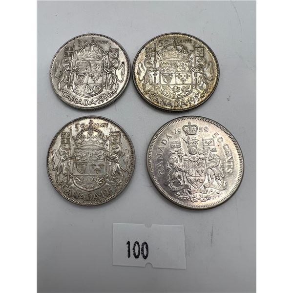 1950,1952,1953,1959 Candian Silver 50 Cent Pieces