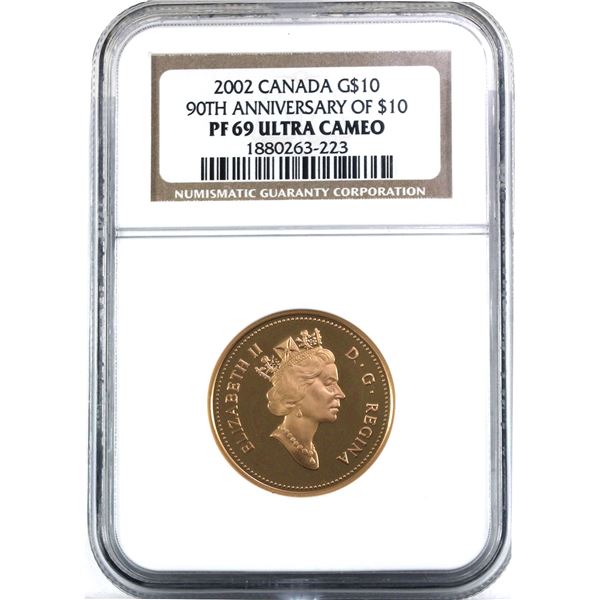 2002 Gold $10 90th Anniversary of Canada's First Gold Coins NGC PF69, Ultra Cameo