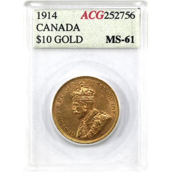 1914 Gold $10 ACG MS61 (Closer to EF45). Pale Peach Hues Over Centre