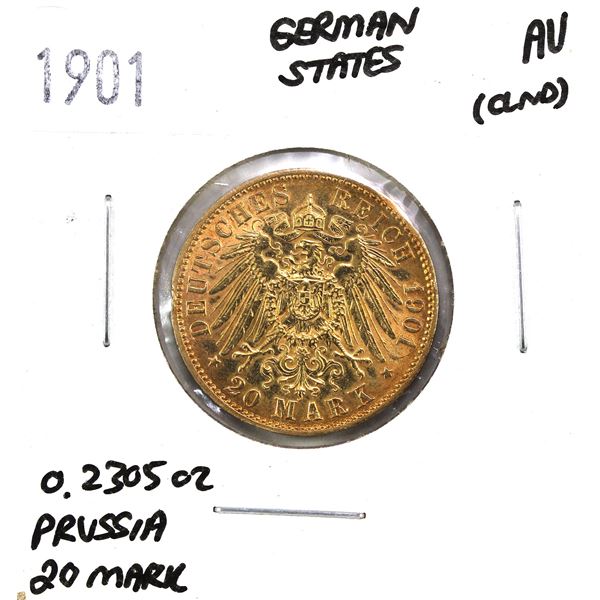 1901 German States Prussia 20 Mark Gold AU (Cleaned). Contains 0.2305oz fine gold