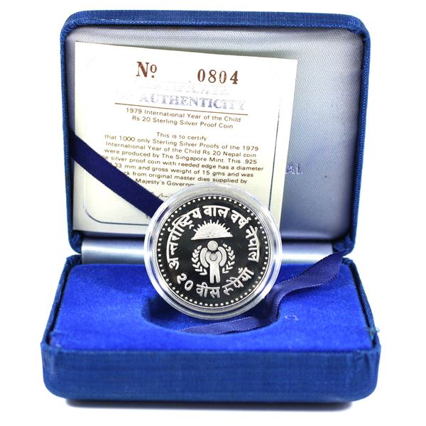 Scarce! 1979 Nepal 20 Rupees International Year of the Child Sterling Silver Proof Coin in Original 