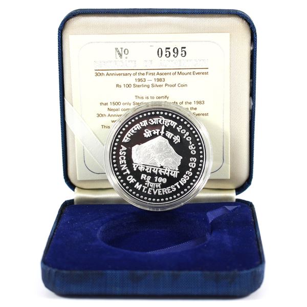 1983 Nepal 100 Rupees 30th Ann. of First Ascent of Mount Everest Sterling Silver Proof Coin