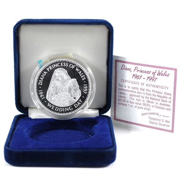 1961-1997 Republic of Liberia $20 Diana Princess of Wales Wedding Day Fine Silver Proof Coin (Tax Ex