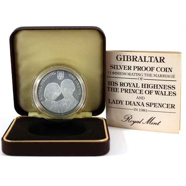 1981 Gibraltar 1 Crown Marriage of H.R.H. Prince of Wales & Lady Diana Sterling Silver Proof Coin