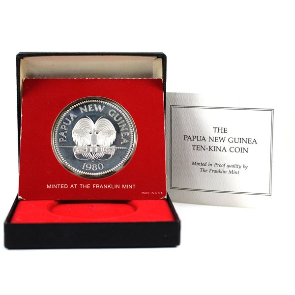 1980 Papua New Guinea 10 Kina Sterling Silver Proof Coin in Original Display with COAs